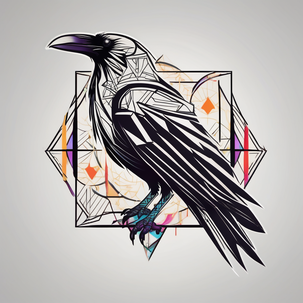 Geometric Perched Raven with linework around it., design de tatouage Géométrique généré par IA