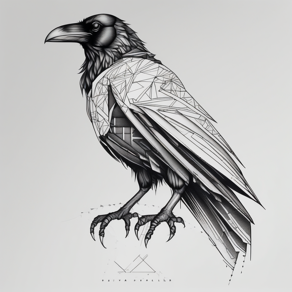 Geometric Perched Raven with linework around it., design de tatouage Dotwork généré par IA