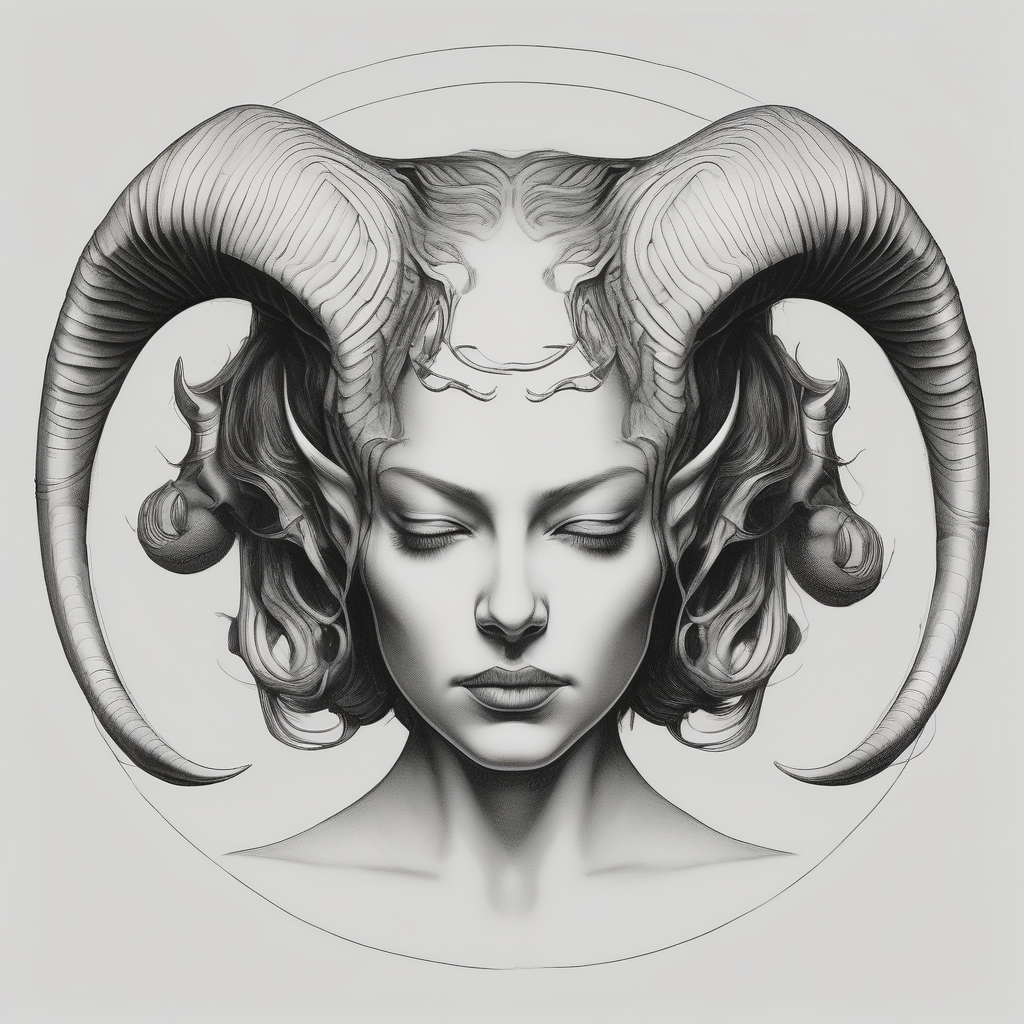 symmetrical woman head with curved horns facing downwards dark realism looking front facing view, ultra-detailed, high quality, high sharpness, hyper-realism, hyper-photorealistic, hyper-realistic, design de tatouage Old school généré par IA