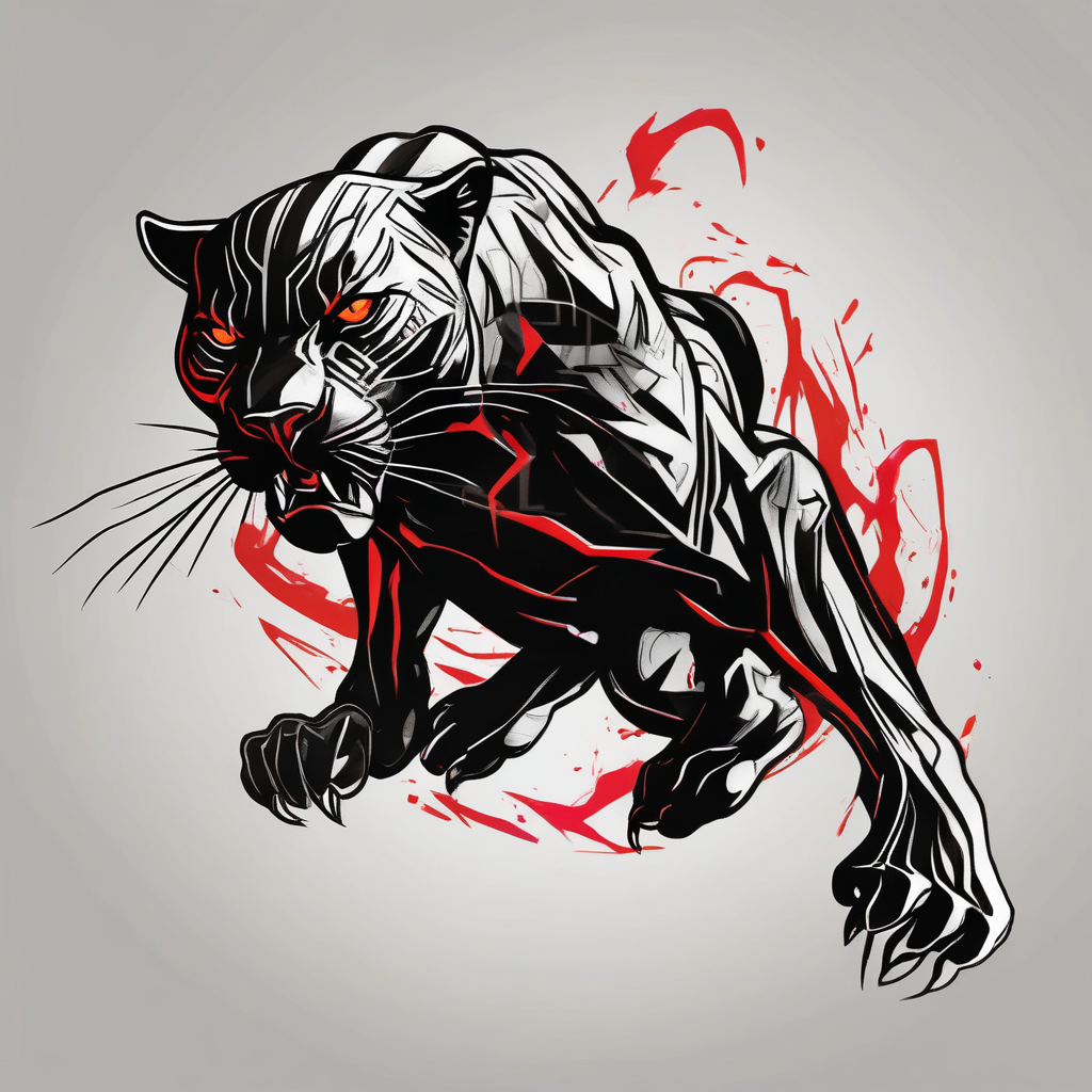 unique black panther tattoo, dynamic pose, showcasing its strength and grace, striking red eyes, intense and captivating elements, artistic flair, blending realism with abstract elements, design de tatouage Réaliste généré par IA