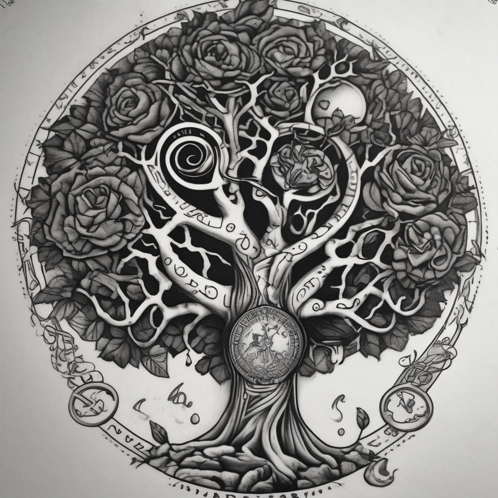 Micro realism tattoo design featuring the helix merging into the tree of life. With my zodiac sign libra holding the brain and heart on each side of the scale with the heart out weighing the brain(AIが生成したブラックワークスタイルのタトゥーデザイン)