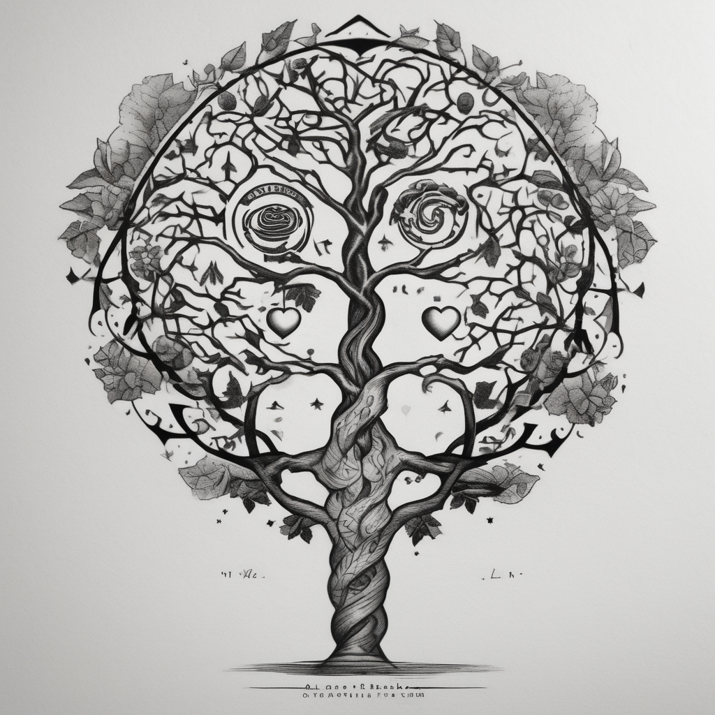 Micro realism tattoo design featuring the helix merging into the tree of life. With my zodiac sign libra holding the brain and heart on each side of the scale with the heart out weighing the brain(AIが生成したミニマルスタイルのタトゥーデザイン)