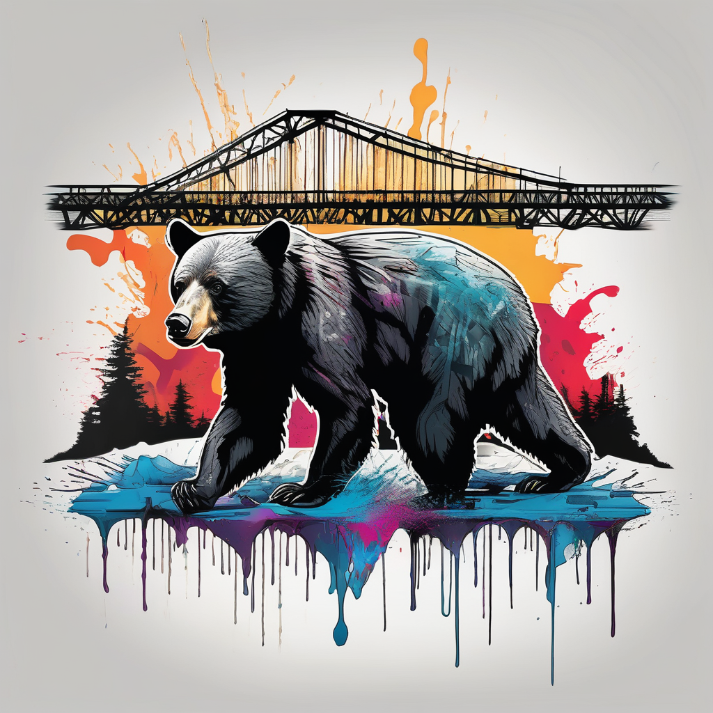 Large thigh tattoo, realism, black and white, black bear with the new river gorge bridge in the background, design de tatouage Aquarelle généré par IA
