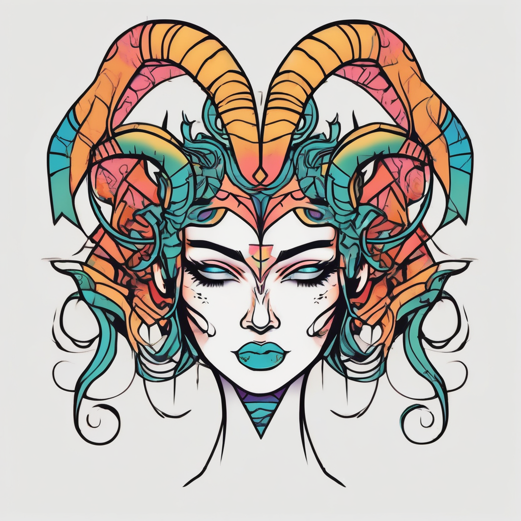 symmetrical woman head with curved horns facing downwards dark realism looking front facing view, design de tatouage Cartoon généré par IA