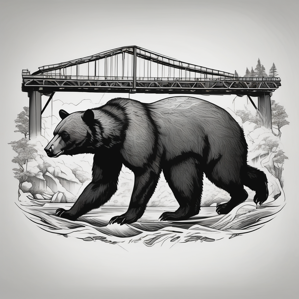 Large thigh tattoo, realism, black and white, black bear with the new river gorge bridge in the background, design de tatouage Japonais généré par IA