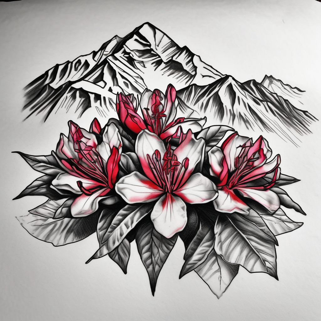 red and black rhododendron trippy with Himalayas behind red-ink, design de tatouage Croquis généré par IA