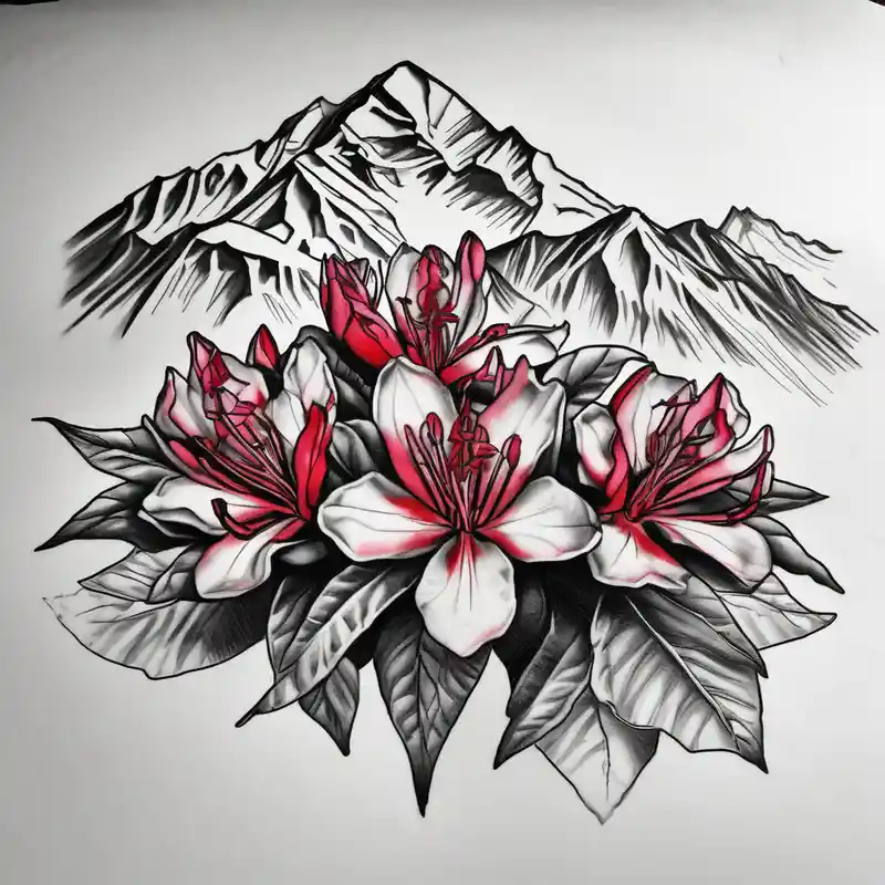 red and black rhododendron trippy with Himalayas behind – Croquis, Noir et blanc