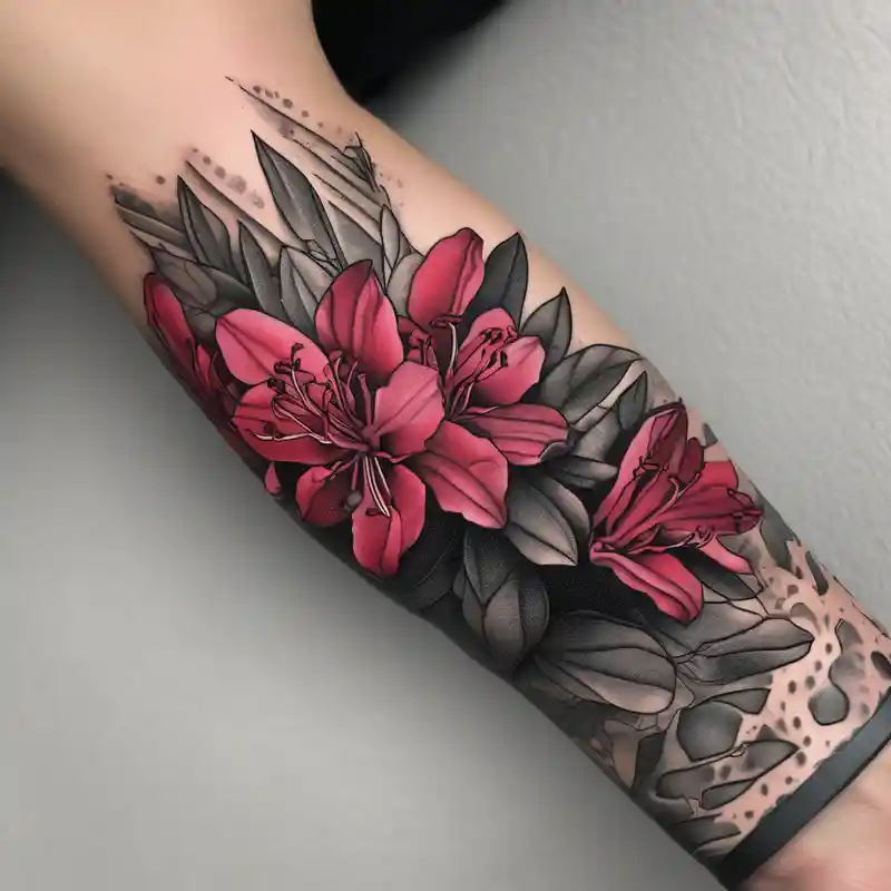 dotwork style 2025年のタトゥーラップタトゥーアイデア about wrap around entire wrist red and black rhododendron trippy with Himalayas behind red-ink and wrap around entire wrist red and black rhododendron trippy with Himalayas behind red-ink