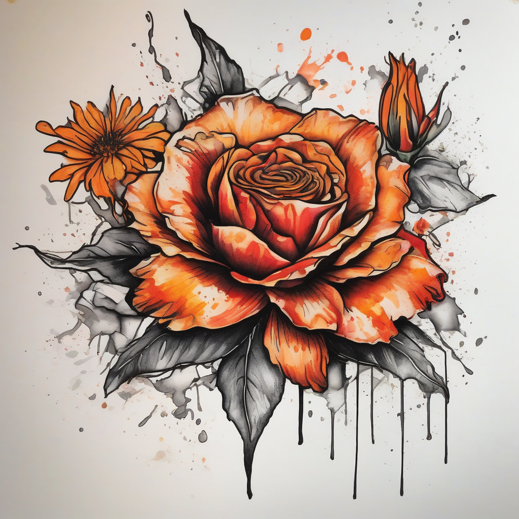 a colorful, vibrant, watercolor tattoo with one red rose, one orange lily, one gold marigold, and one orange cosmos flower and with splashes of color red-ink, diseño de tatuaje Blanco y negro generado con IA