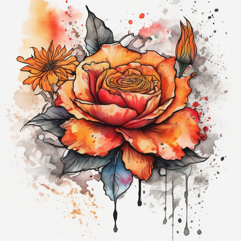 a colorful, vibrant, watercolor tattoo with one red rose, one orange lily, one gold marigold, and one orange cosmos flower and with splashes of color red-ink, diseño de tatuaje Japonés generado con IA