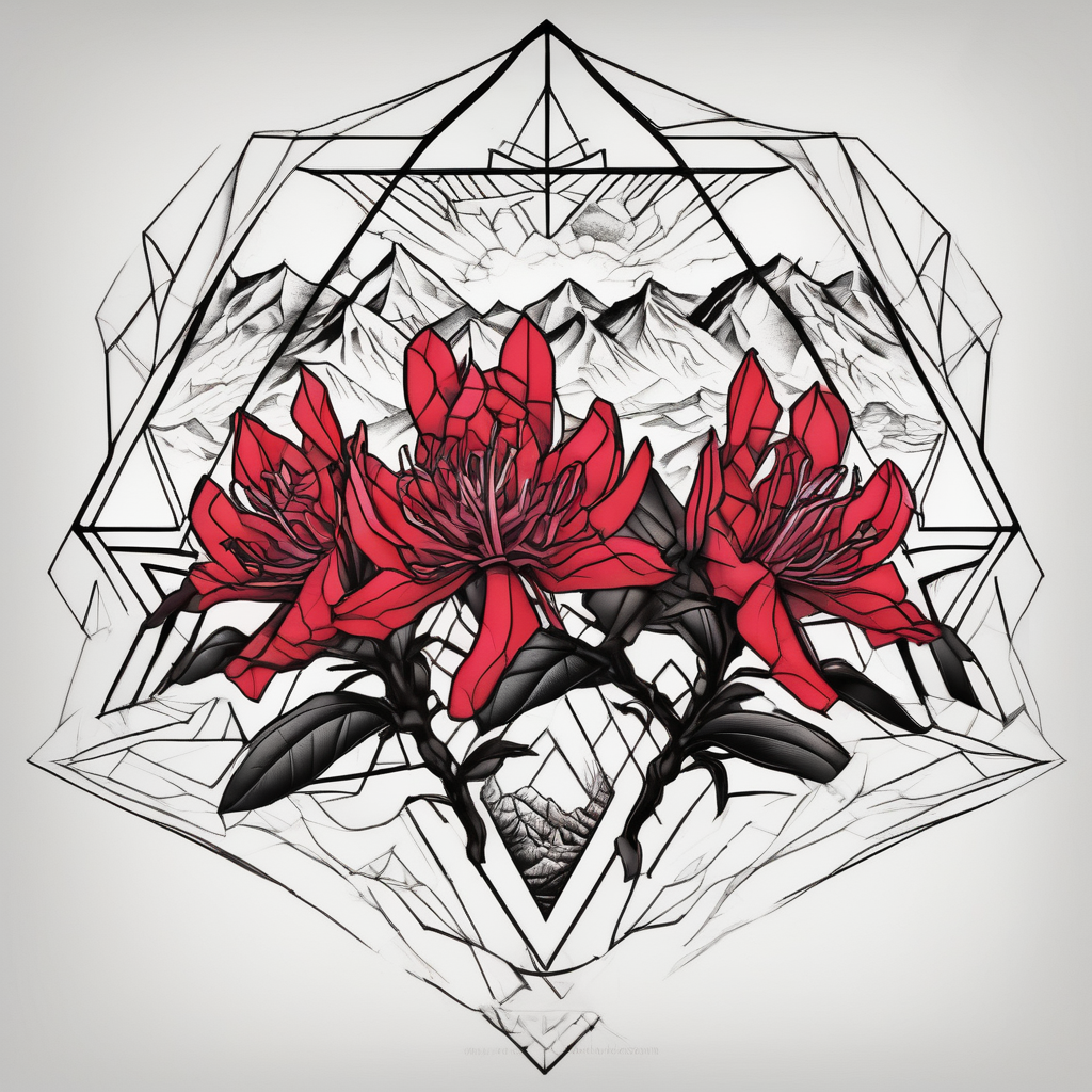 red and black rhododendron trippy with Himalayas behind red-ink, design de tatouage Géométrique généré par IA