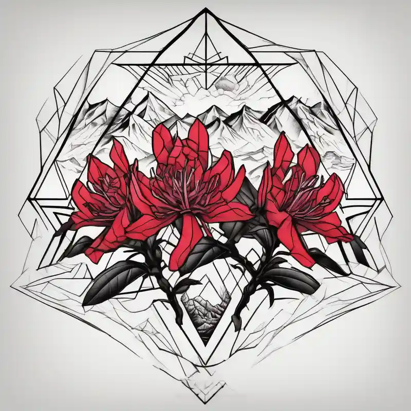 red and black rhododendron trippy with Himalayas behind