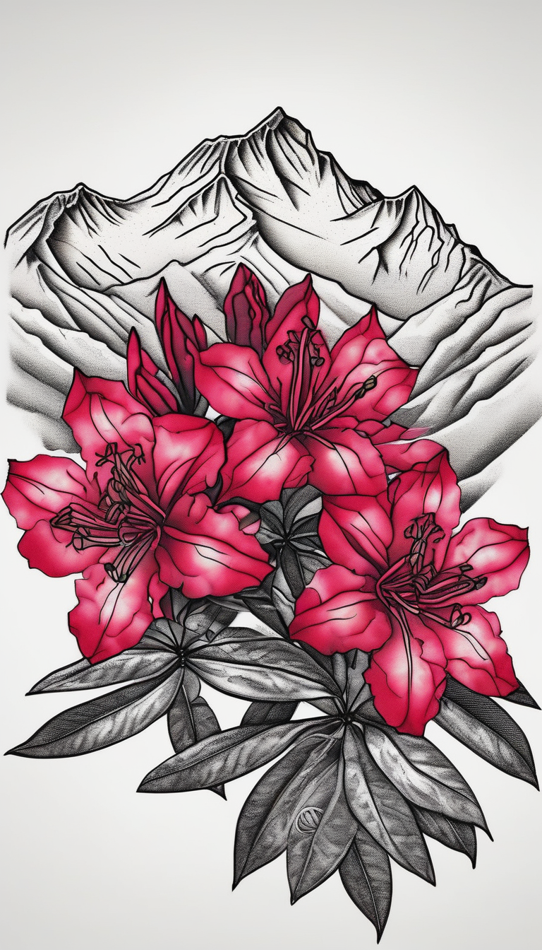 vertical wrist size red and black rhododendron trippy with Himalayas behind red-ink, AI-generated Dotwork tattoo design