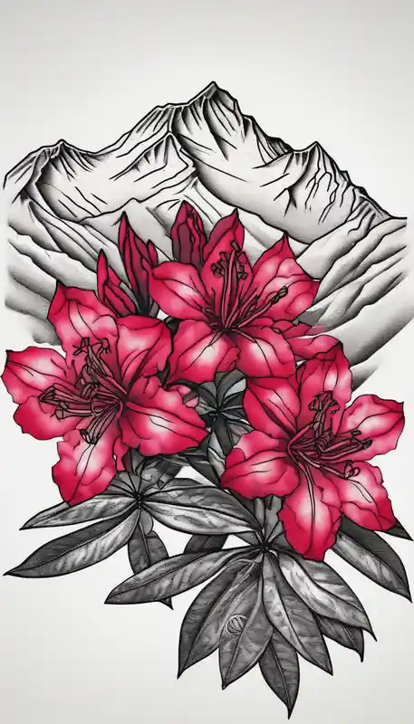 dotwork style RIP Tattoo Ideas in 2025 about vertical wrist size red and black rhododendron trippy with Himalayas behind red-ink and vertical wrist size red and black rhododendron trippy with Himalayas behind red-ink