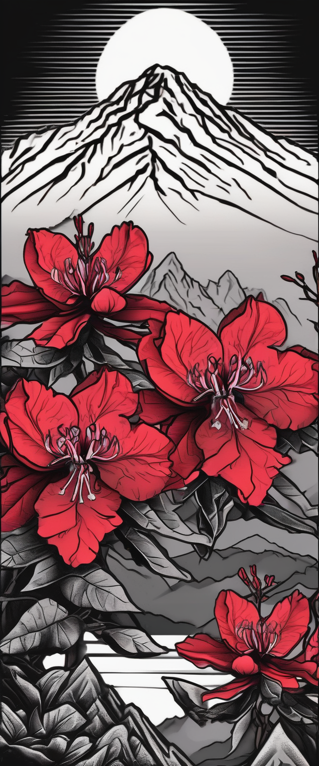vertical wrist size red and black rhododendron trippy with Himalayas behind red-ink, AI-generated Black and White tattoo design
