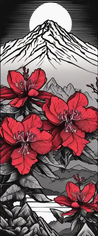 black and white style RIP Tattoo Ideas in 2025 about vertical wrist size red and black rhododendron trippy with Himalayas behind red-ink and vertical wrist size red and black rhododendron trippy with Himalayas behind red-ink