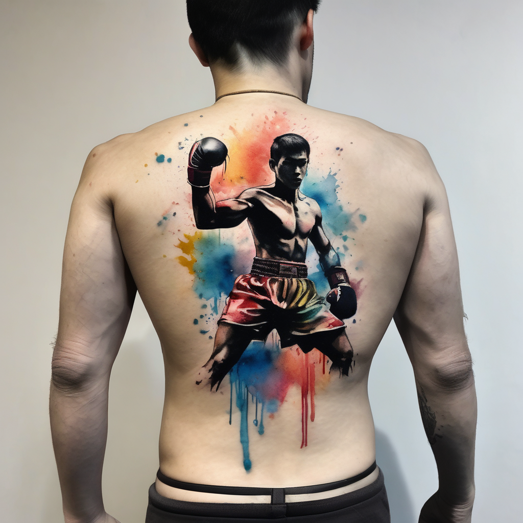 A simple tattoo that is placed on the upper back of a male. It should represent muay thai ribs-male(AIが生成した水彩スタイルのタトゥーデザイン)