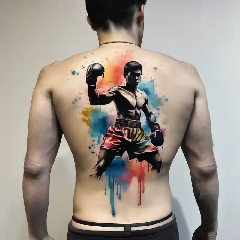 A simple tattoo that is placed on the upper back of a male. It should represent muay thai – 水彩, カラフル
