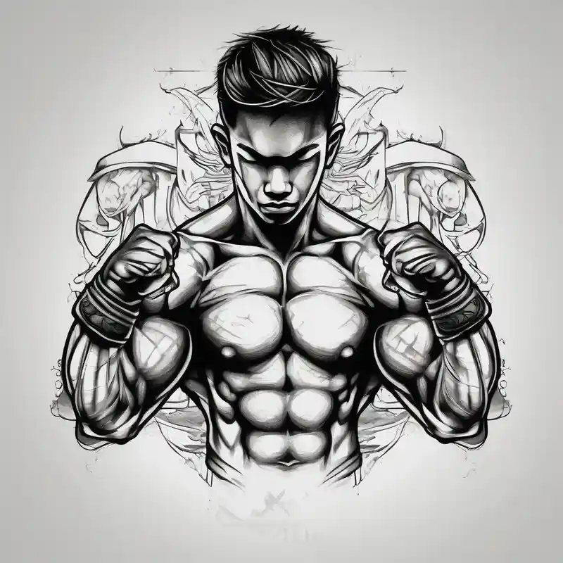 A simple tattoo that is placed on the upper back of a male. It should represent muay thai
