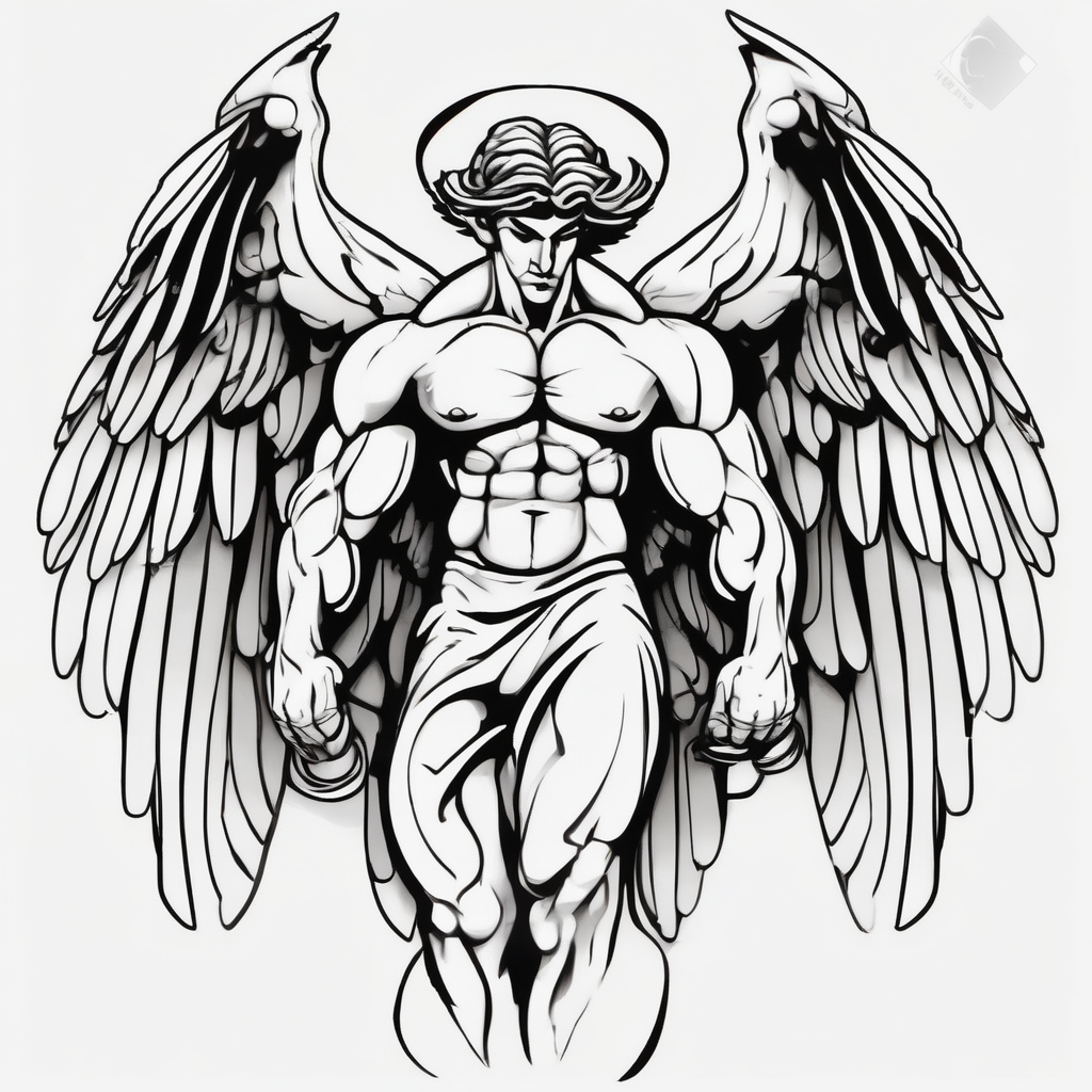 male muscular greece fallen angel ribs-male, design de tatouage Cartoon généré par IA