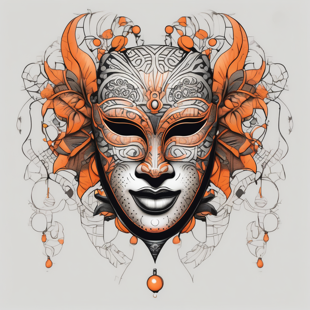 Laughing Male masquerade mask with orange and black circles ribs-male(AIが生成したドットワークスタイルのタトゥーデザイン)
