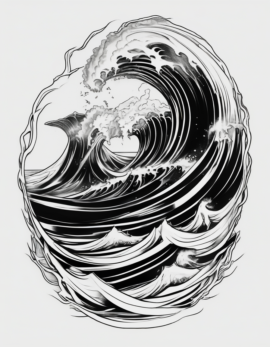 rib tattoo, stormy, waves and storm like ribs-male(AIが生成したシュルレアリスムスタイルのタトゥーデザイン)