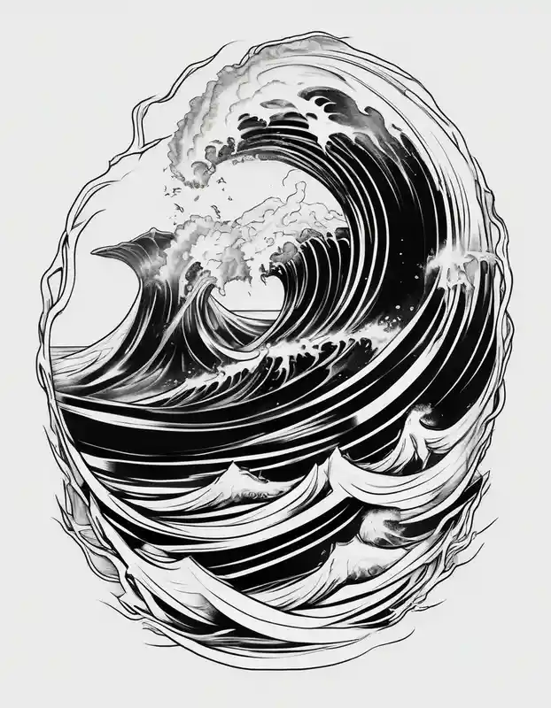 rib tattoo, stormy, waves and storm like – シュルレアリスム, 白黒