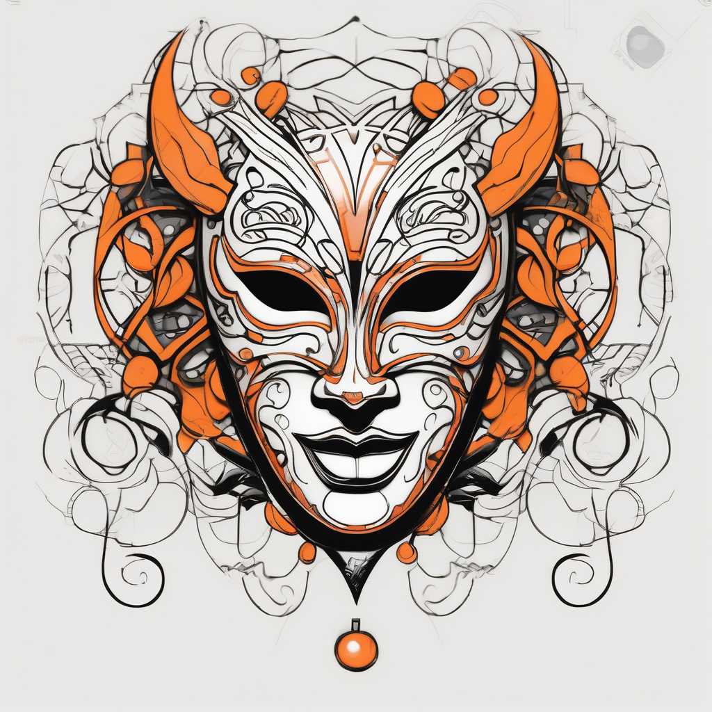 Laughing Male masquerade mask with orange and black circles ribs-male(AIが生成したスケッチスタイルのタトゥーデザイン)