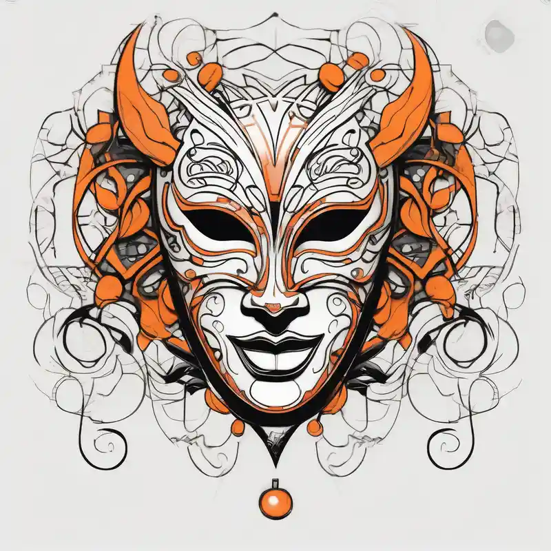 Laughing Male masquerade mask with orange and black circles – スケッチ, 白黒