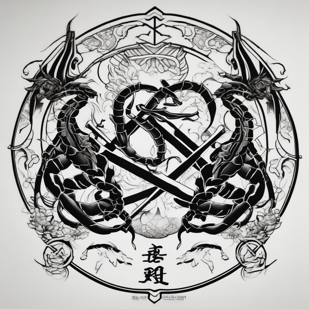 male scorpio female Sagittarius libra scales ribs-male(AIが生成した和彫りスタイルのタトゥーデザイン)