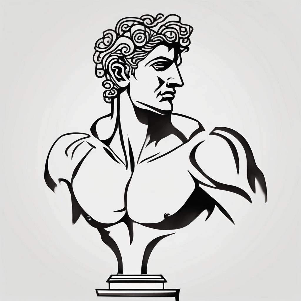 Male Greek statue torso. No arms, legs or head. Fit and muscular. Simple design. Creative arts symbols like music notes scattered around the torso and partially behind it. ribs-male(AIが生成したミニマルスタイルのタトゥーデザイン)
