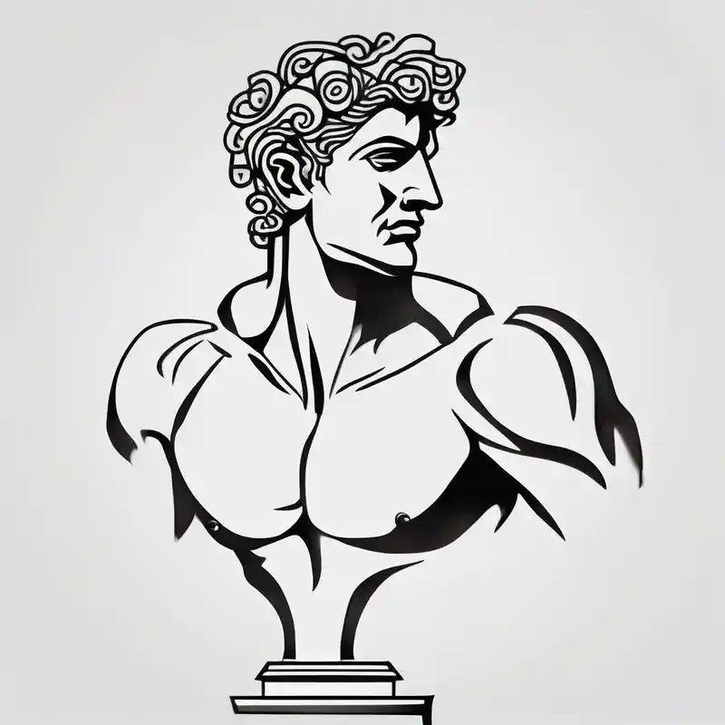Male Greek statue torso. No arms, legs or head. Fit and muscular. Simple design. Creative arts symbols like music notes