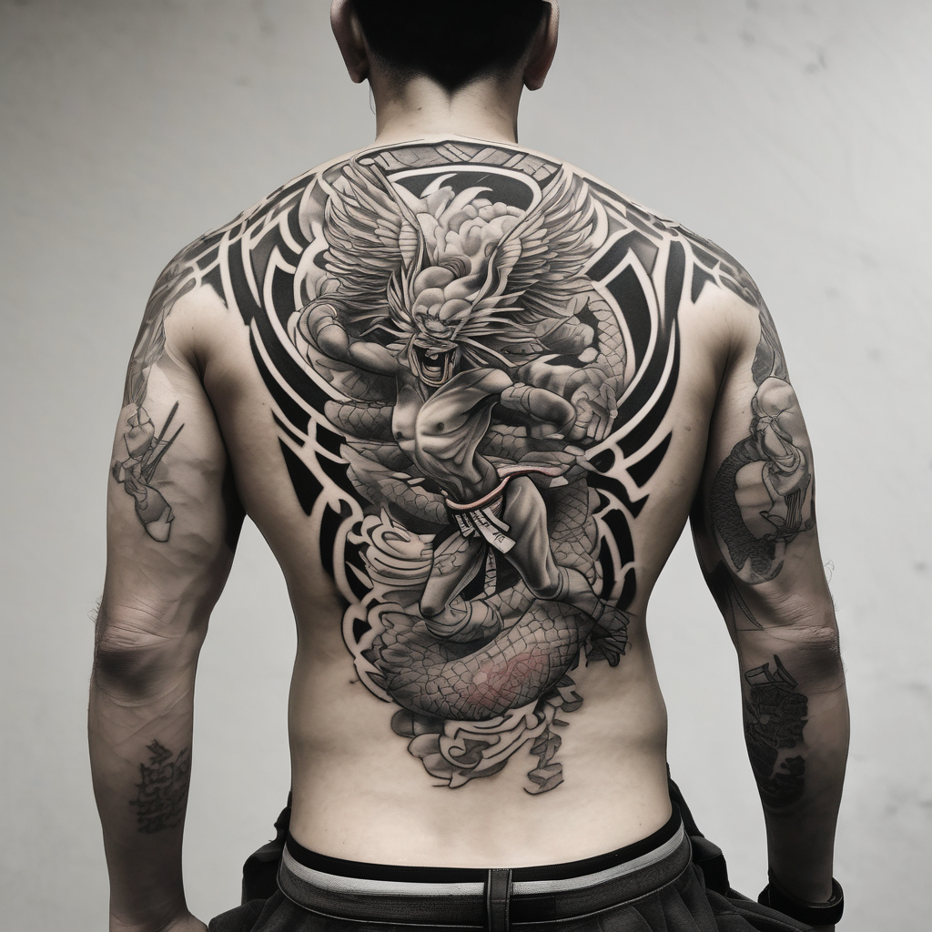 A simple tattoo that is placed on the upper back of a male. It should represent muay thai, discipline, pain and temple ribs-male(AIが生成した和彫りスタイルのタトゥーデザイン)