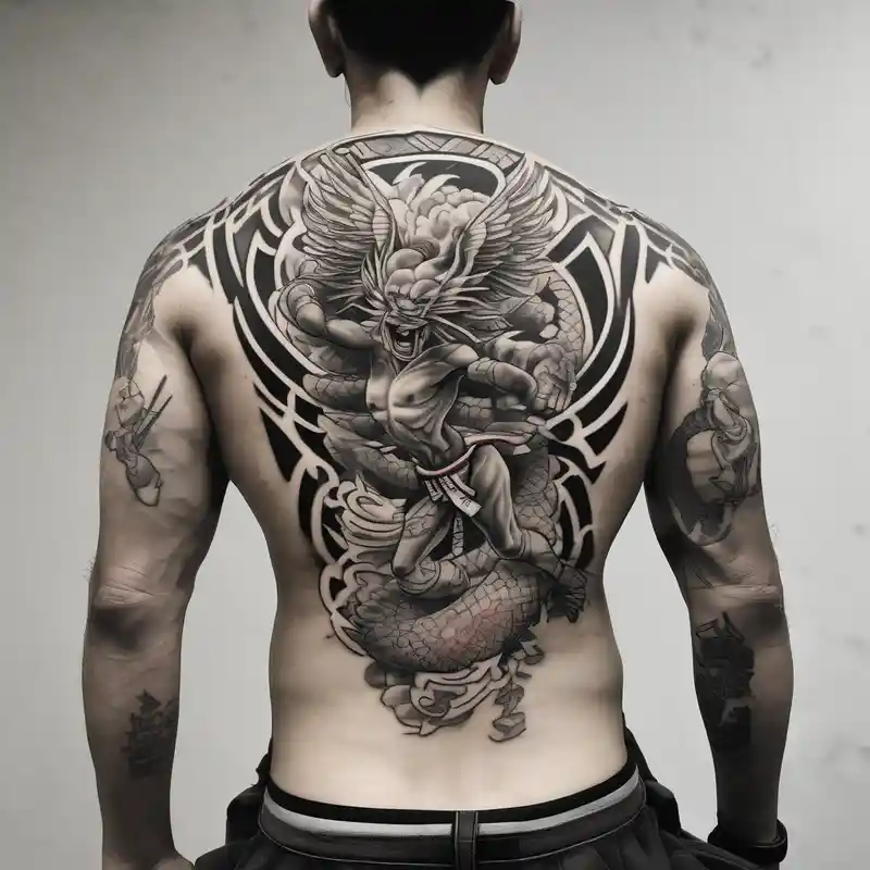A simple tattoo that is placed on the upper back of a male. It should represent muay thai, discipline, pain and temple – 和彫り, 白黒