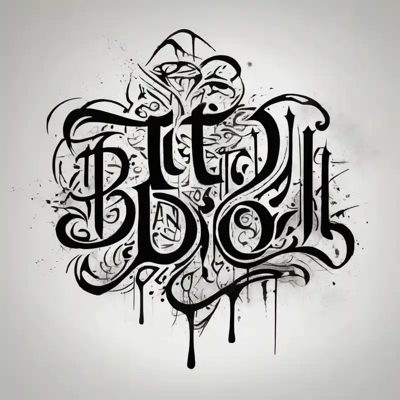 Unreadable “ Fuck it, I’ll do it” test on ribcage and upper ribs. 30 cm long. Kalligraphie mixed with neotribal style. – 水彩, 白黒