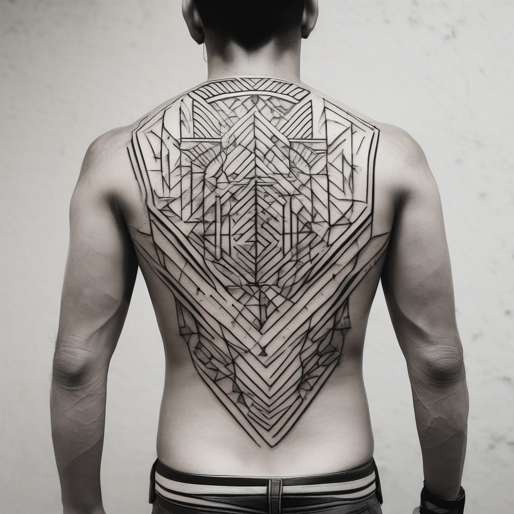 A simple tattoo that is placed on the upper back of a male. It should represent muay thai, discipline, pain and temple ribs-male(AIが生成したジオメトリックスタイルのタトゥーデザイン)