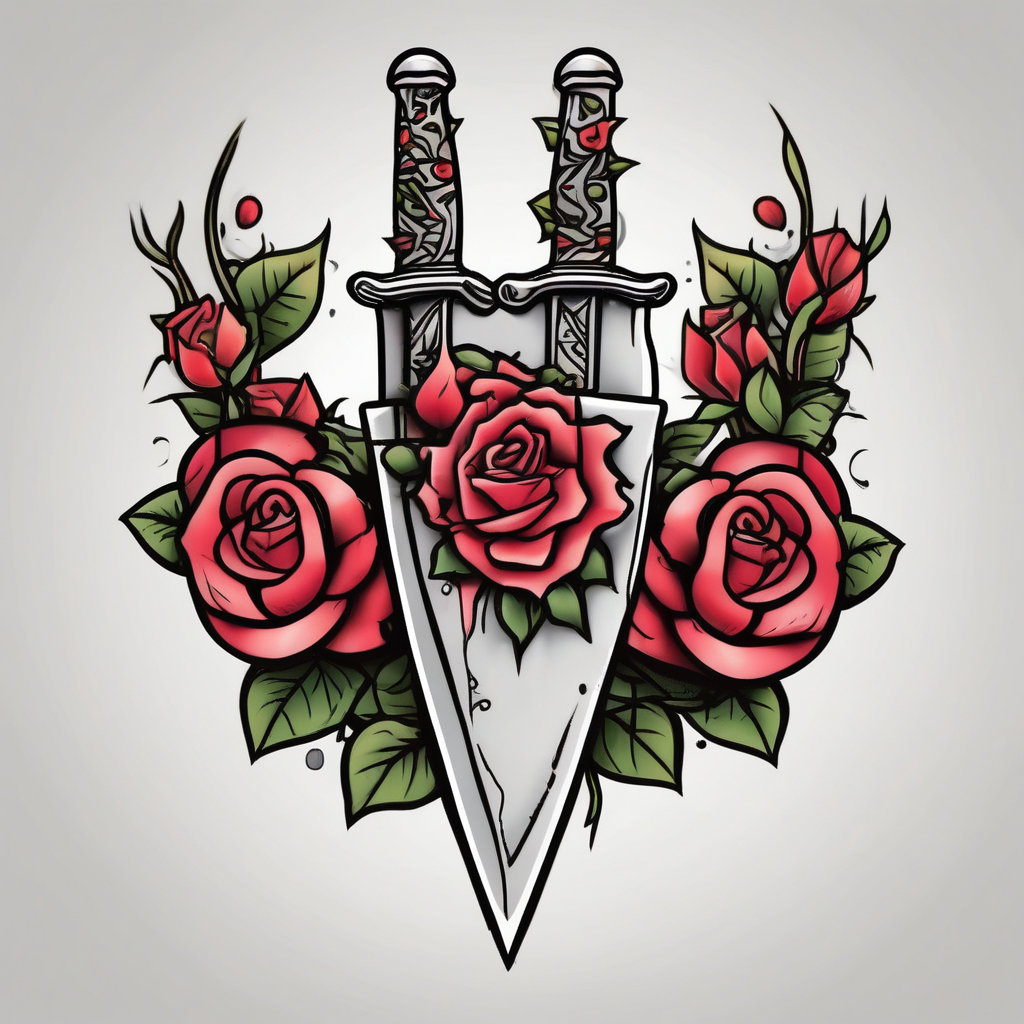 dagger piercing a heart with roses, AI-generated Cartoon tattoo design