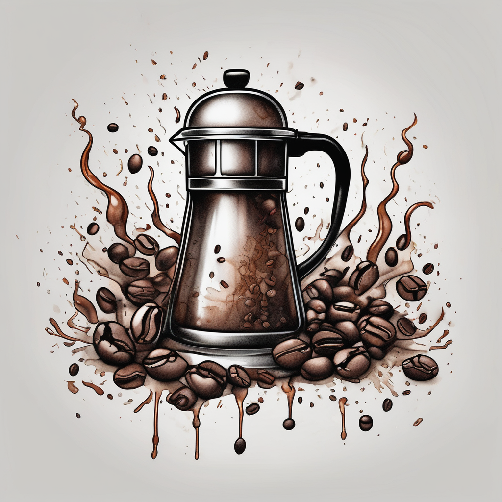 Coffee, realistic, pitcher, coffee machine, coffee beans rotary-machine, AI-generated Watercolor tattoo design