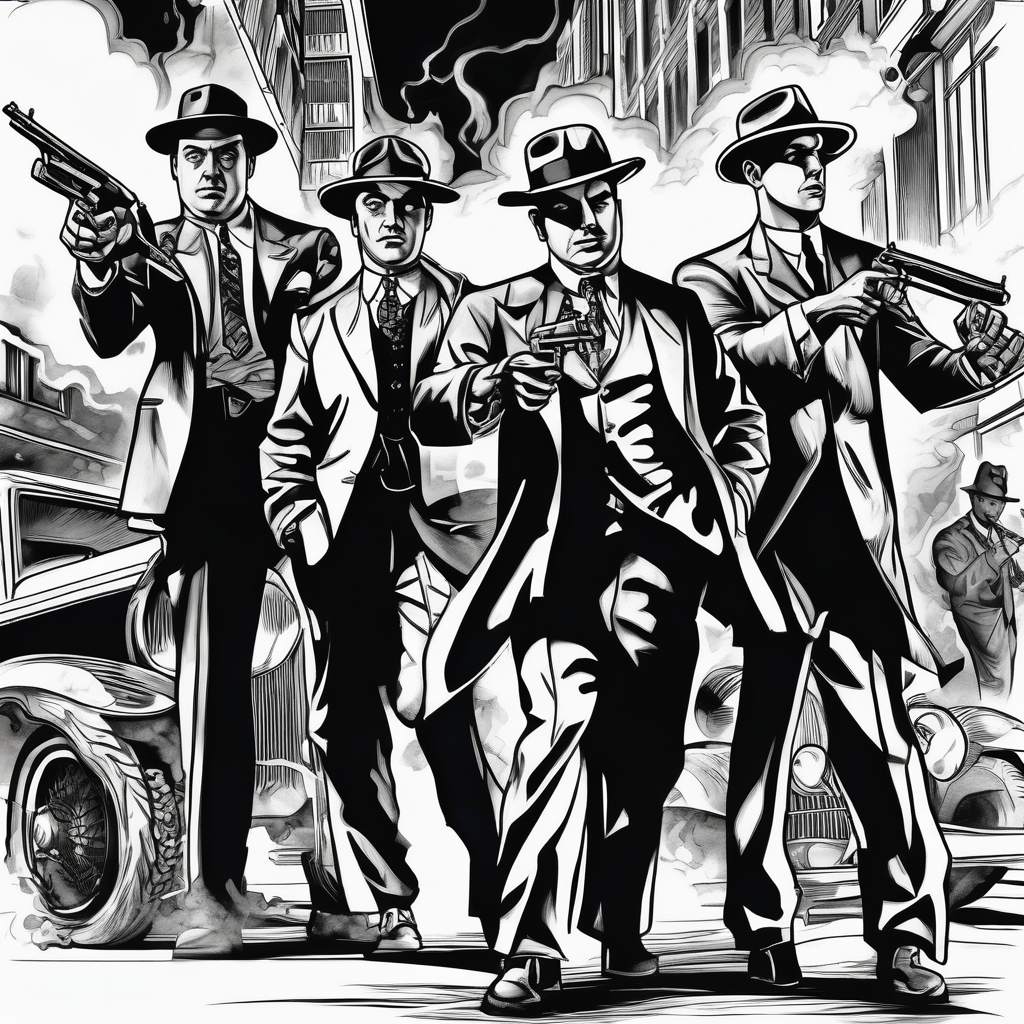 untouchables style gangsters fighting on a 1930s city street, Al capone, bugsy segal, bonnie and clyde, include machine guns, smoke and fire rotary-machine, AI-generated Sketch tattoo design