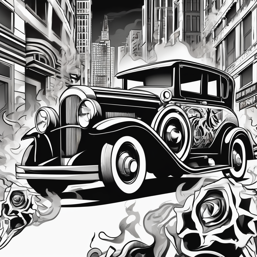 Al Capone style gangsters fighting with machine guns, set with a 1930s city street background, include a 1930's car speeding by , flames and smoke, bullets flying rotary-machine, diseño de tatuaje Geométrico generado con IA