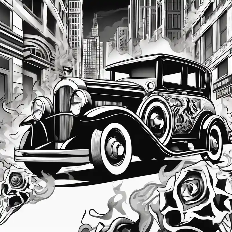 geometric style Street Life Tattoo Ideas in 2025 & free generation about Al Capone style gangsters fighting with machine guns and set with a 1930s city street background