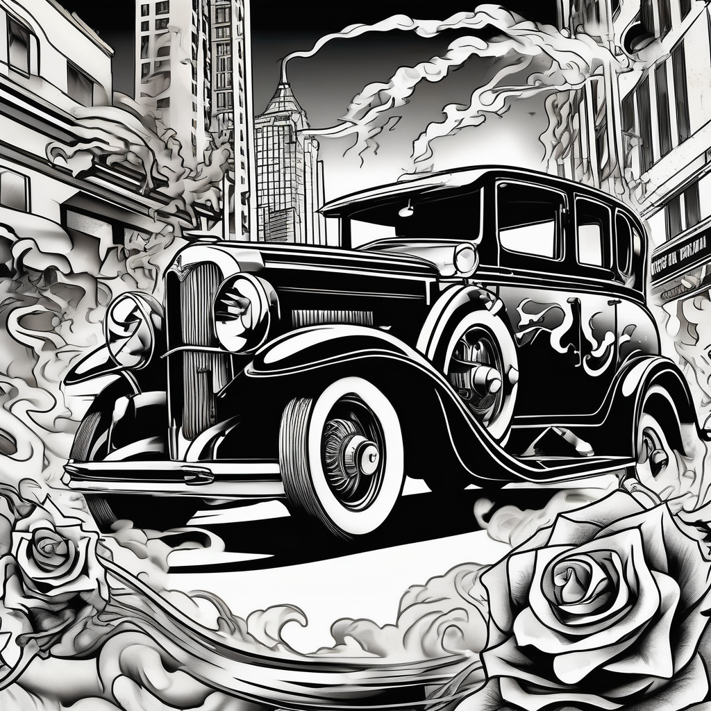 Al Capone style gangsters fighting with machine guns, set with a 1930s city street background, include a 1930's car in the background , flames and and smoke rotary-machine, AI-generated Japanese tattoo design