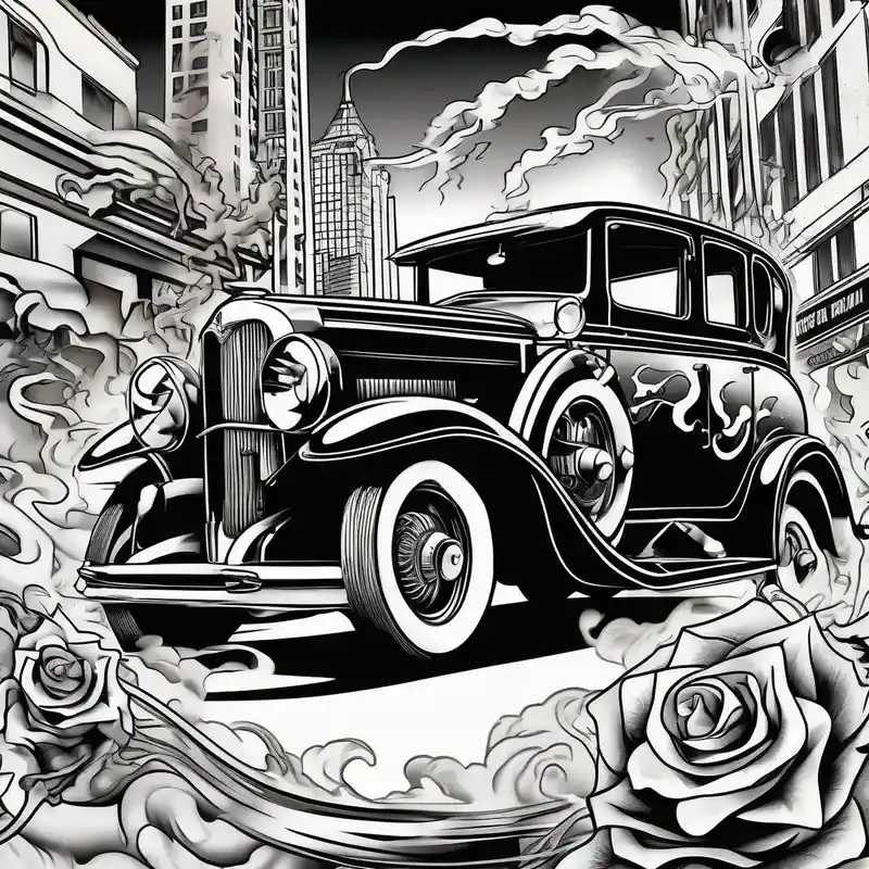 japanese style Street Life Tattoo Ideas in 2025 & free generation about Al Capone style gangsters fighting with machine guns and set with a 1930s city street background