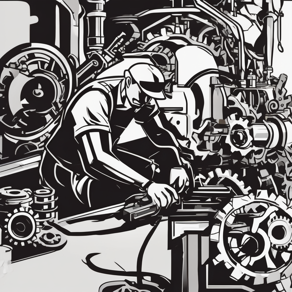 Create a silhouette of am industrial mechanic working on a machine, surrounded by mechanical elements like gears and tools. No grays , no shadows rotary-machine, AI-generated Cartoon tattoo design
