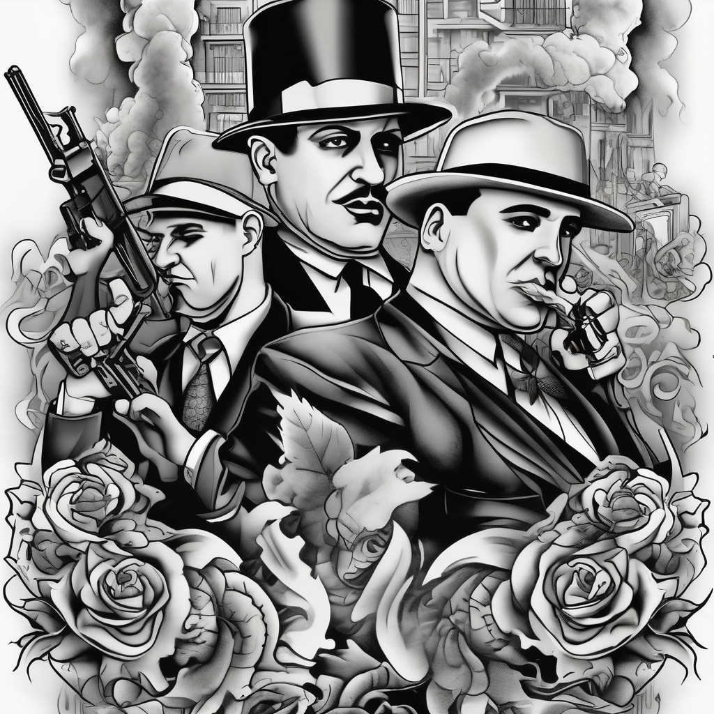 untouchables style gangsters fighting on a 1930s city street, Al capone, bugsy segal, bonnie and clyde, include machine guns, smoke and fire rotary-machine, AI-generated Surreal tattoo design