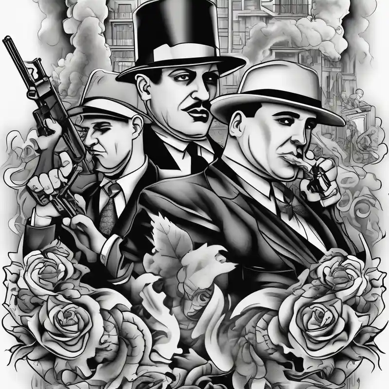 surreal style Street Life Tattoo Ideas in 2025 & free generation about untouchables style gangsters fighting on a 1930s city street and Al capone