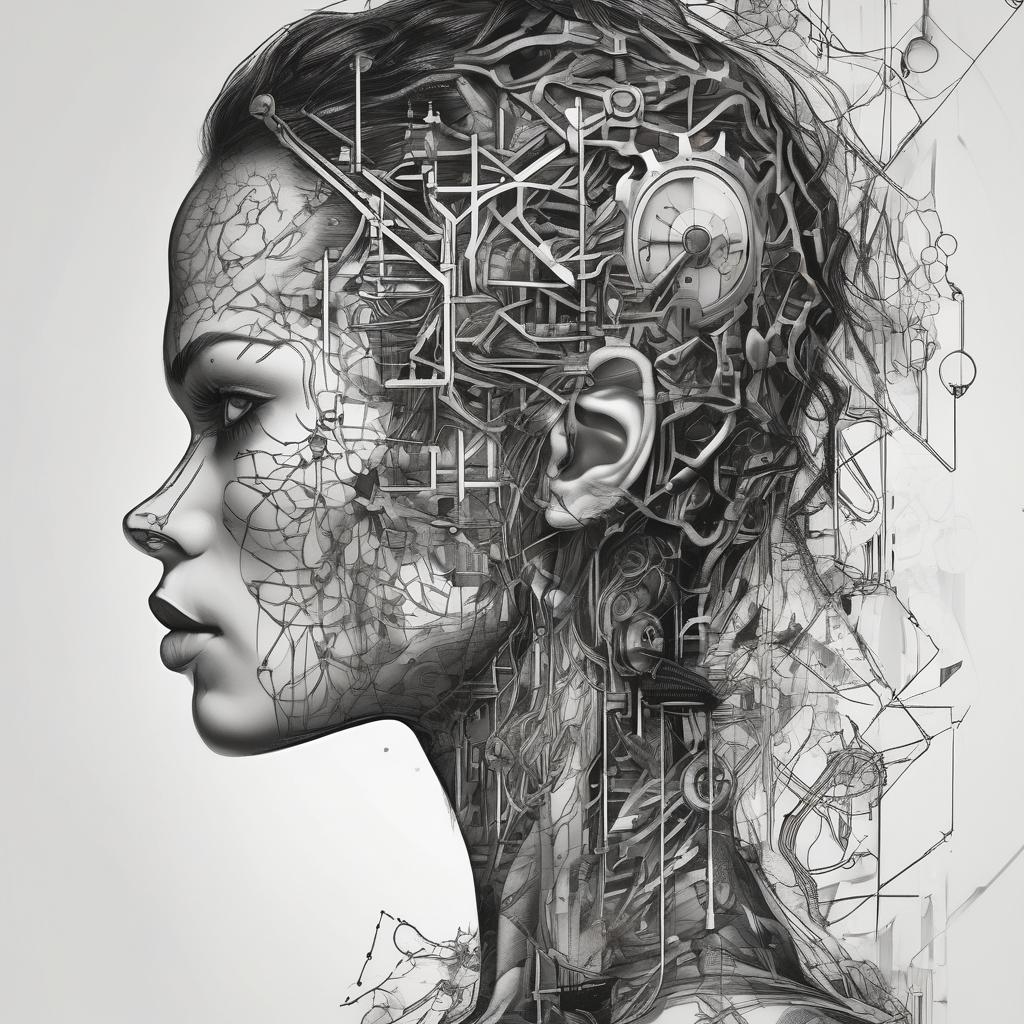 neural network machine learning rotary-machine, AI-generated Black and White tattoo design