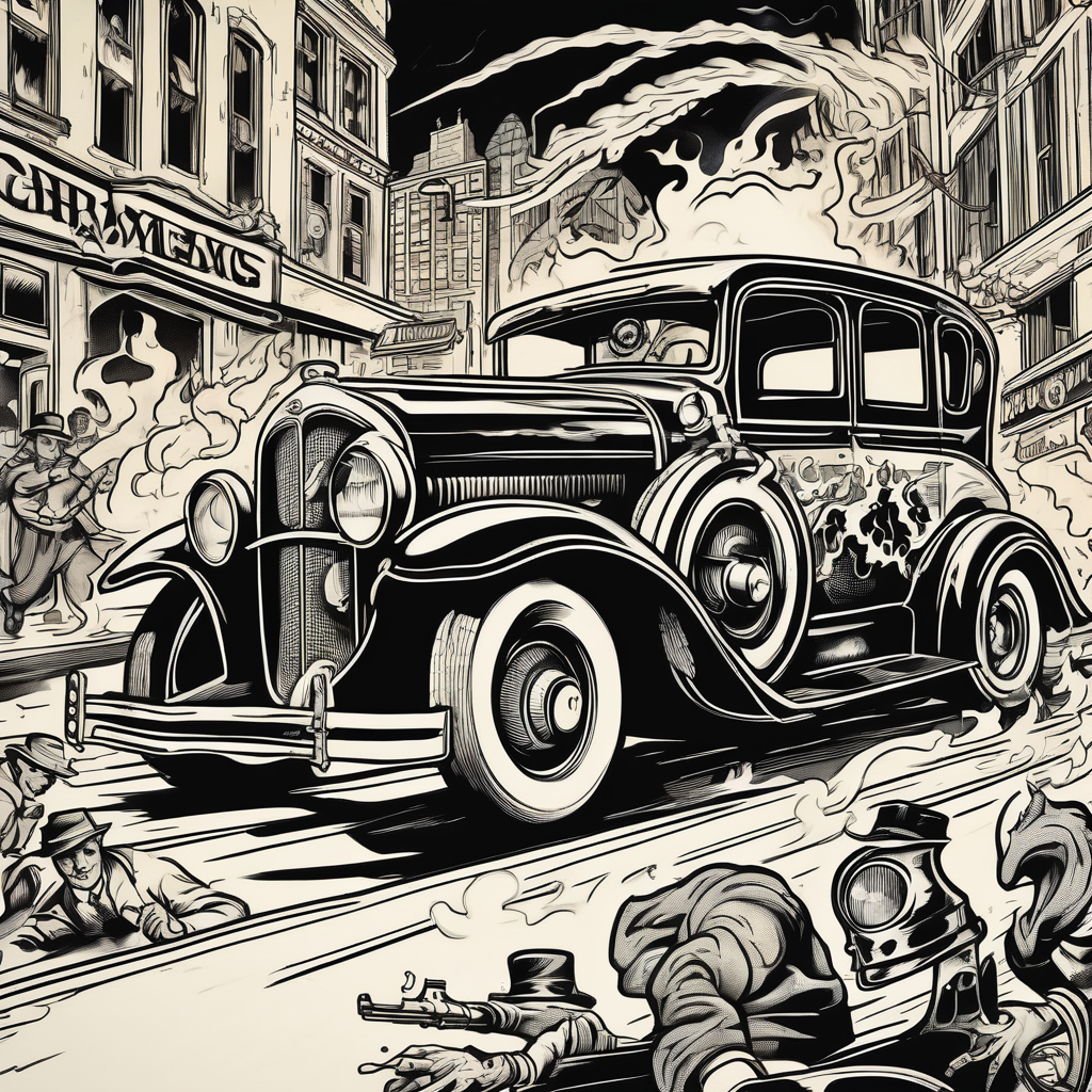 Al Capone style gangsters fighting with machine guns, set with a 1930s city street background, include a 1930's car in the background , flames and and smoke rotary-machine, diseño de tatuaje Surrealista generado con IA