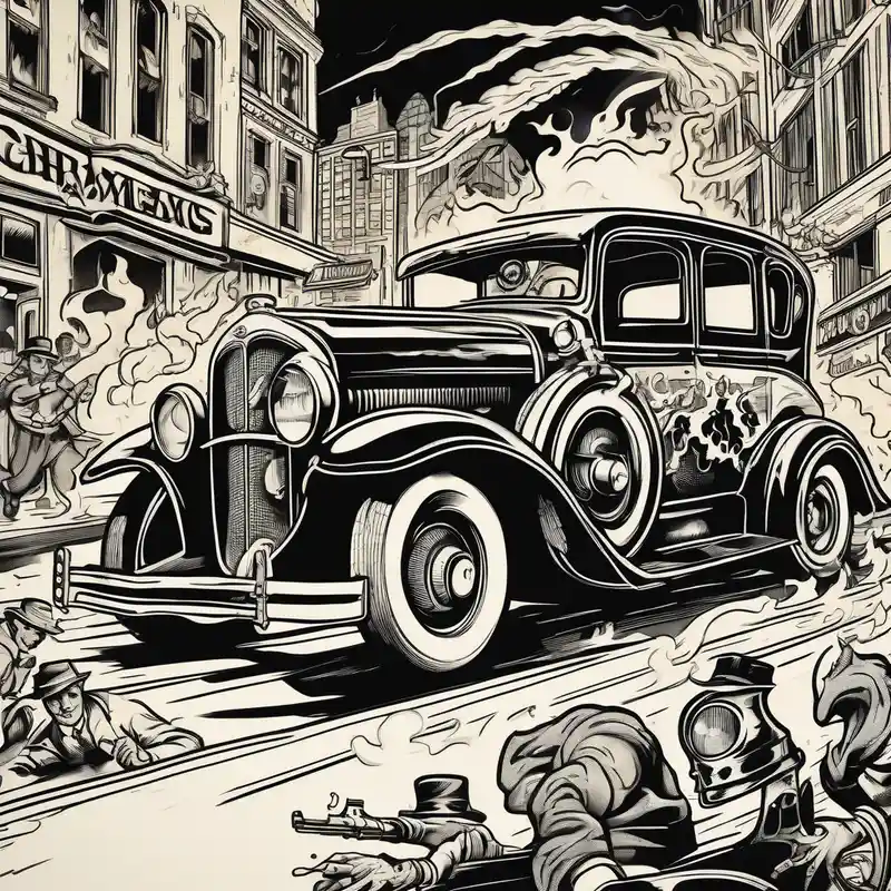 surreal style Street Life Tattoo Ideas in 2025 & free generation about Al Capone style gangsters fighting with machine guns and set with a 1930s city street background