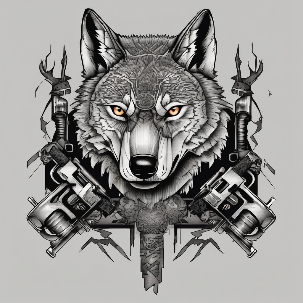 Wolf with machine gun rotary-machine, AI-generated Blackwork tattoo design